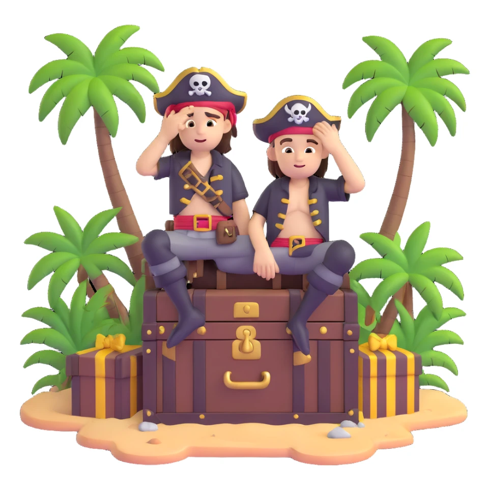 kid pirate with hand on forehead looking for something, one foot on treasure chest, palm trees in background sticker