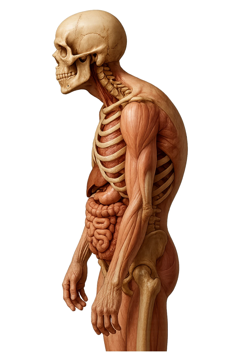 corpo UMANO ANATOMICO di profilo con spalle chiuse in avanti, postura errata, iperrealistico 4k sticker