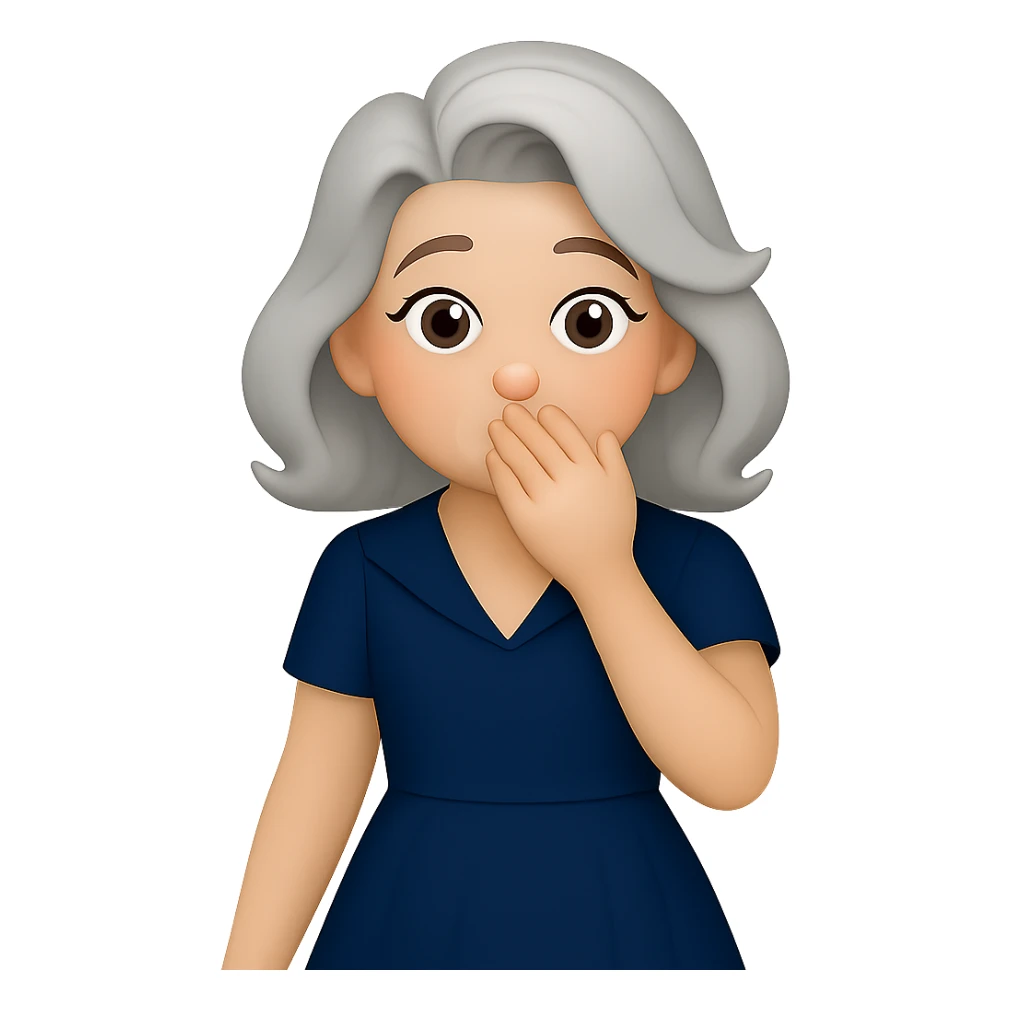 Extend the woman's hair so it is fully visible and not cropped at the top or sides. Keep her bashful expression, retro cocktail dress, and hand covering mouth. The style should resemble emoji style with a transparent background. sticker