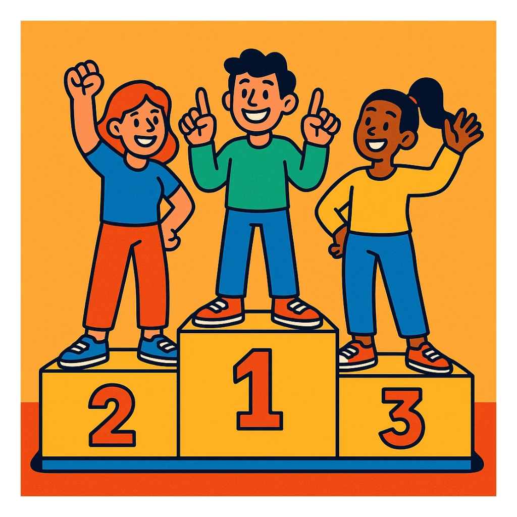Three casually dressed people on a winners’ podium (2, 1, 3 left to right), each on their step. Center person on 1 holds up one finger on each hand. Fun, expressive, cheerful style. sticker