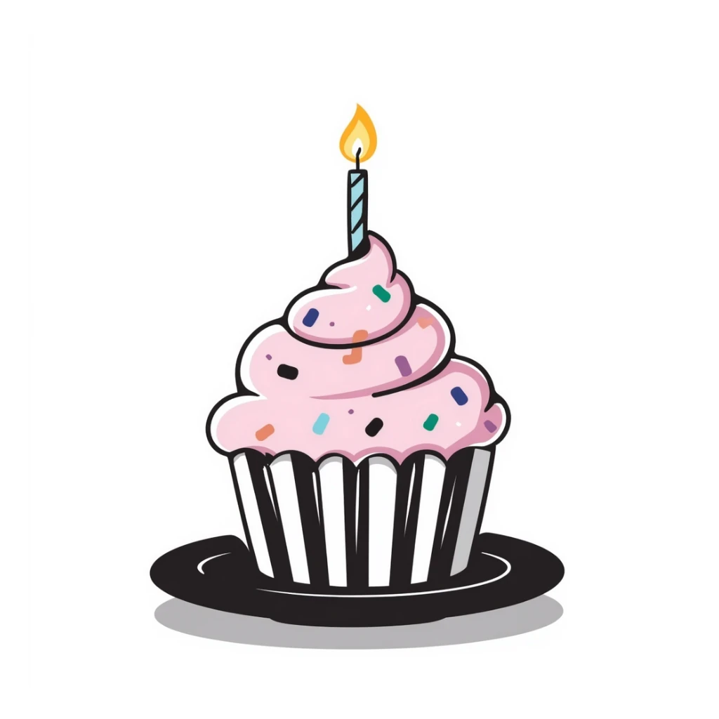 A single decorated birthday cupcake with swirled frosting, colorful sprinkles, and a lit candle on top. Using pastel colors (pink, light blue, lavender, peach). Hand-drawn doodle style with festive details. Cute celebratory design. sticker