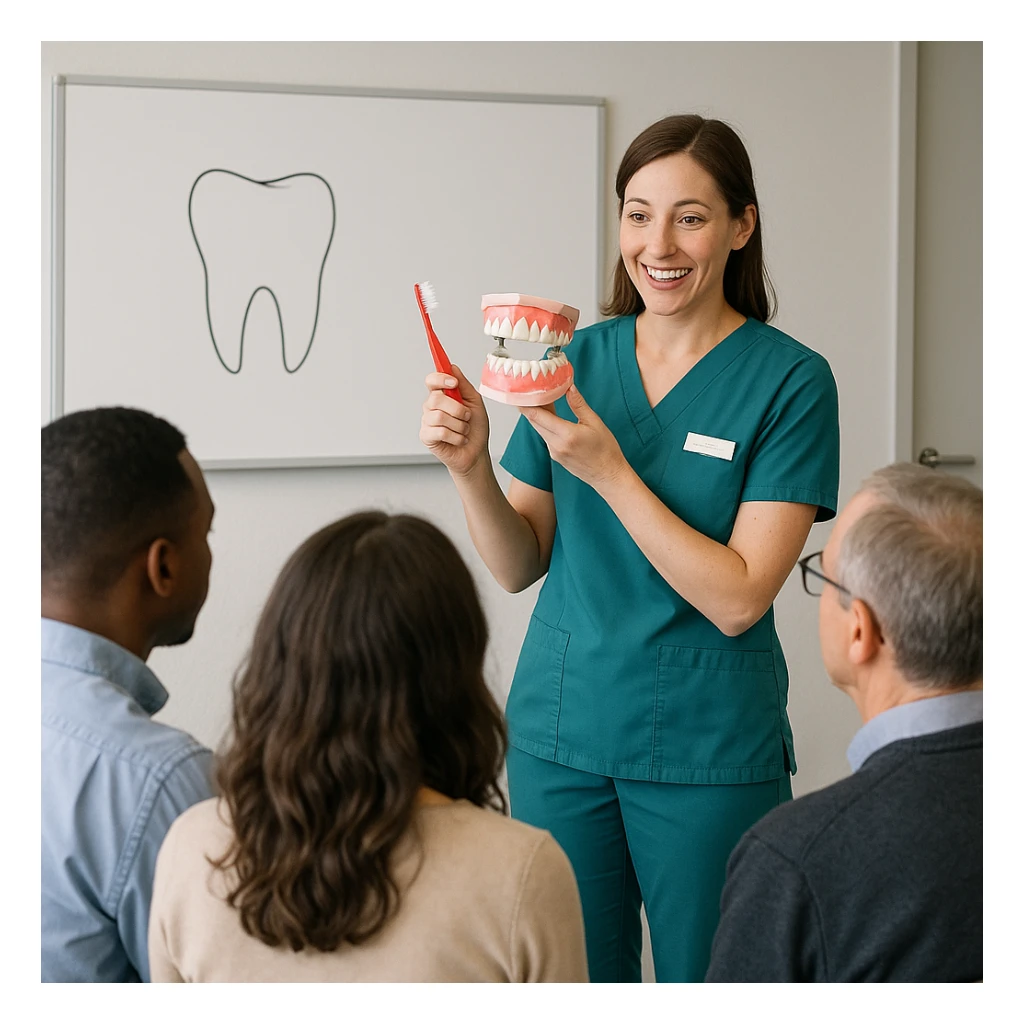 dental hygienist as an educator, holding a toothbrush and teaching a group, in a professional setting sticker