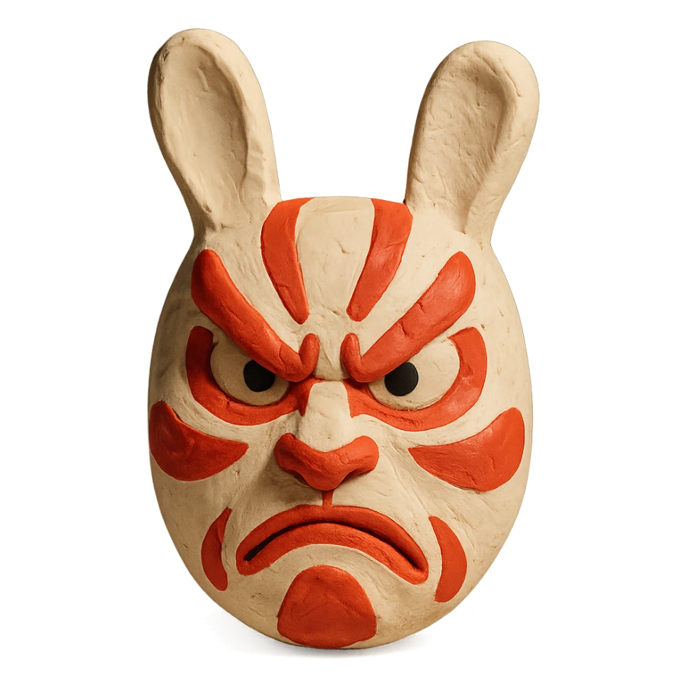 stylized usagi rabbit kabuki mask, red and white, angry expression, matte finish sticker