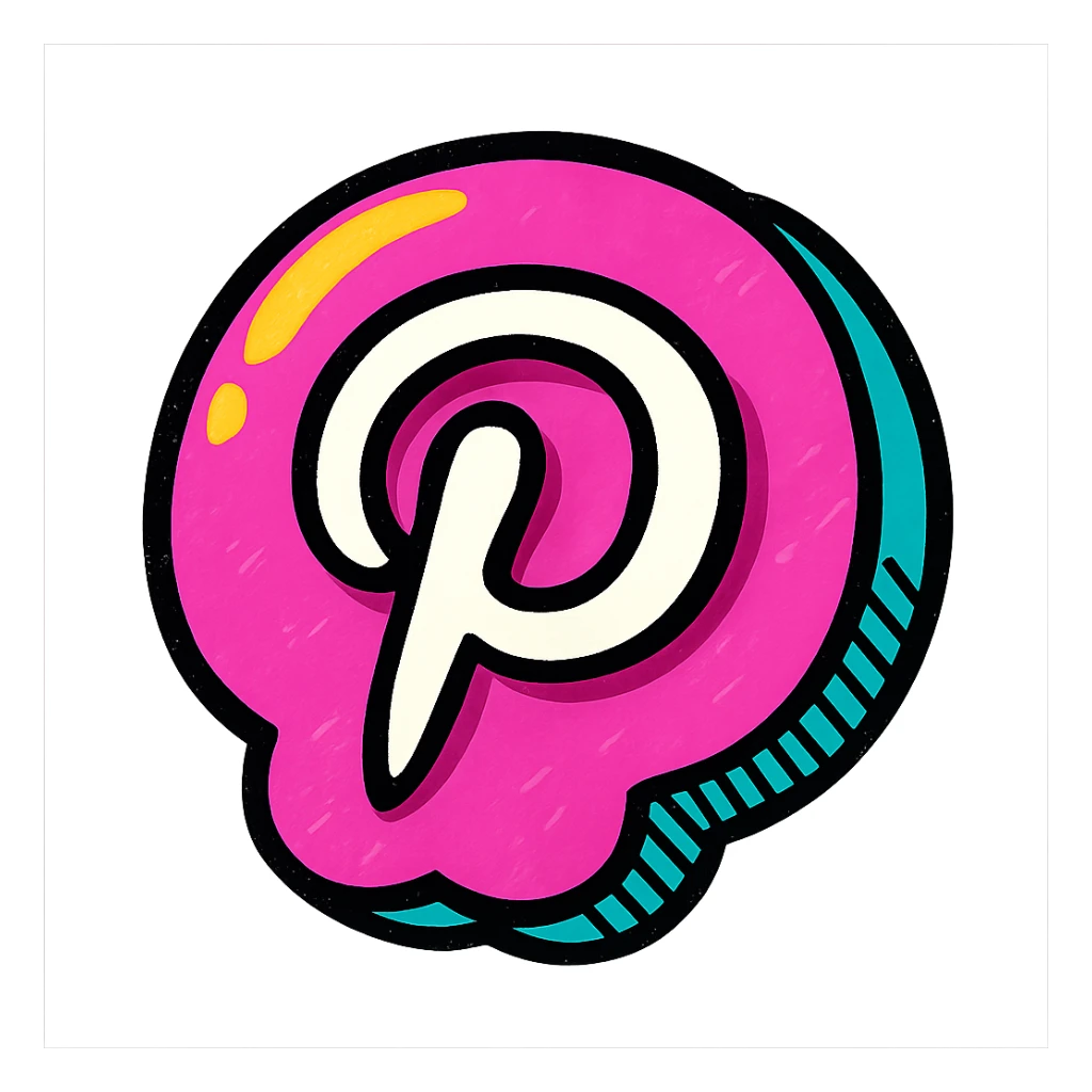 chubby bubbly Pinterest logo with thick black contours, expressive shadows, shiny highlights, soft dimensional look sticker