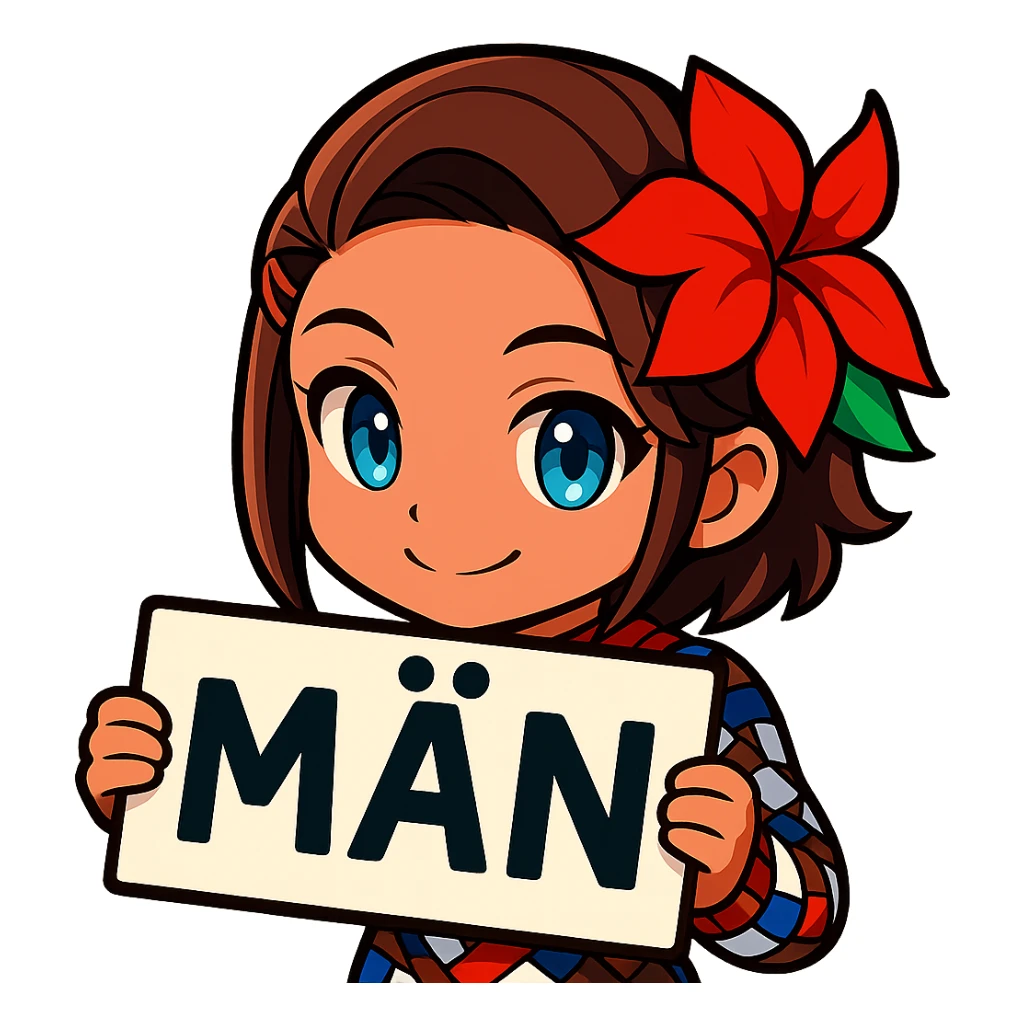Azucena from Tekken 8 in chibi sticker style, holding a sign that says 'MÄN', cheerful expression, designed for Twitch emote use sticker