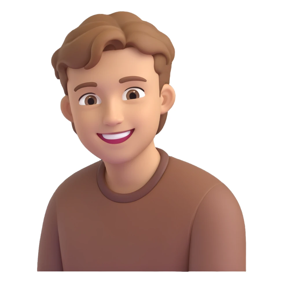 smiling young man with light brown hair, subtle 3D effect, neutral background, high resolution, no text sticker