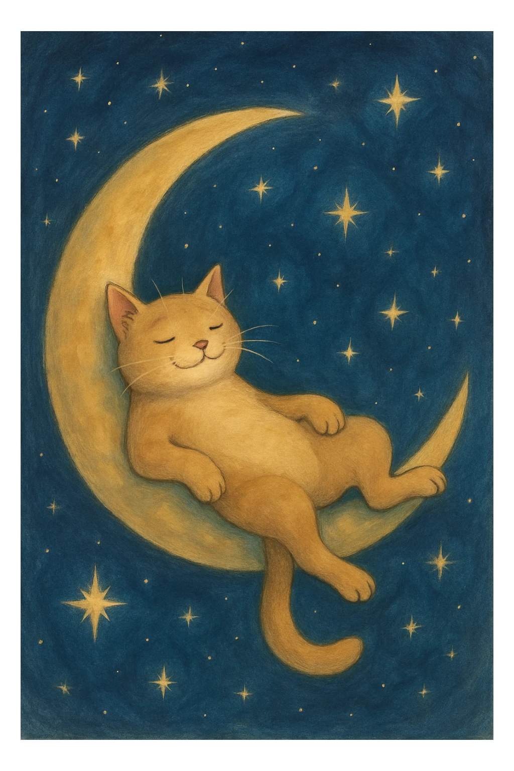 chill cat lounging on a crescent moon, surrounded by stars, dreamy atmosphere sticker