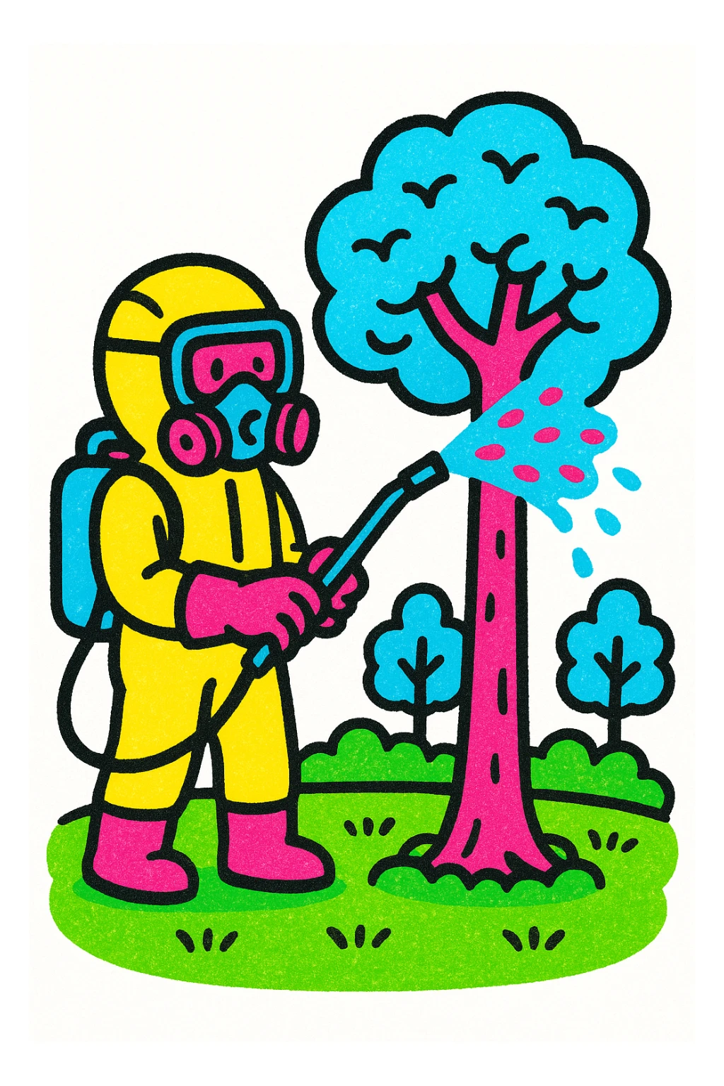 A gardener in protective suit and mask spraying a tree with a sprayer, performing chemical pest control. Bright green garden with trees, visible spray droplets, atmosphere of professional plant protection and garden care sticker