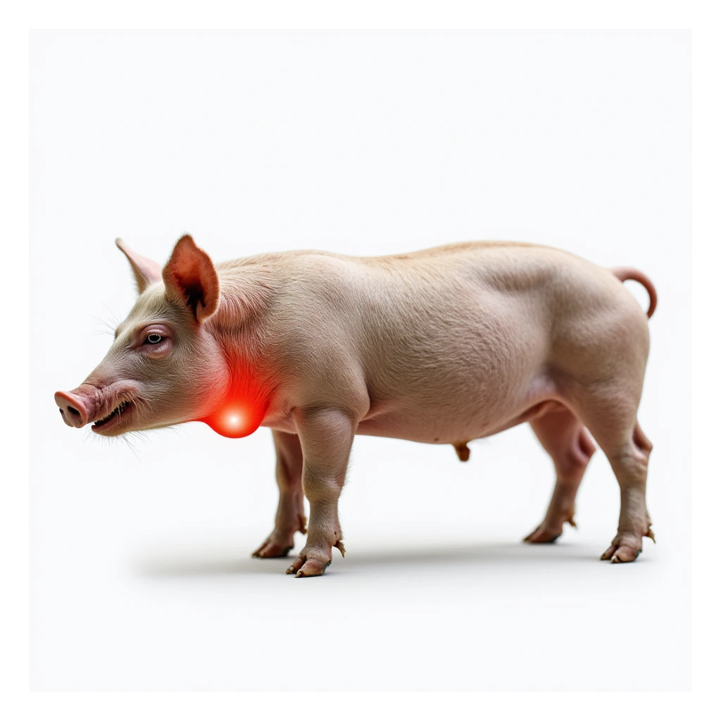 Realistic pig on isolated white background, thyroid area on neck highlighted in red, clear anatomical details, hyperrealism, 4K quality, pig with head turned to the side sticker