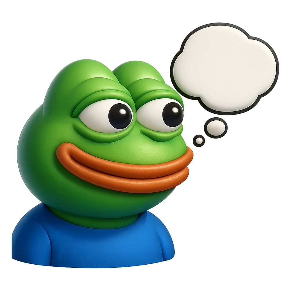 make a pepe in bright green smiling with thought bubble looking at right side in 3d style, good highlights and shadows, drop shadows sticker