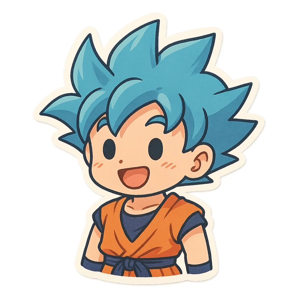 Chibi Goku with blue hair, cheerful face, cute style, simple background sticker