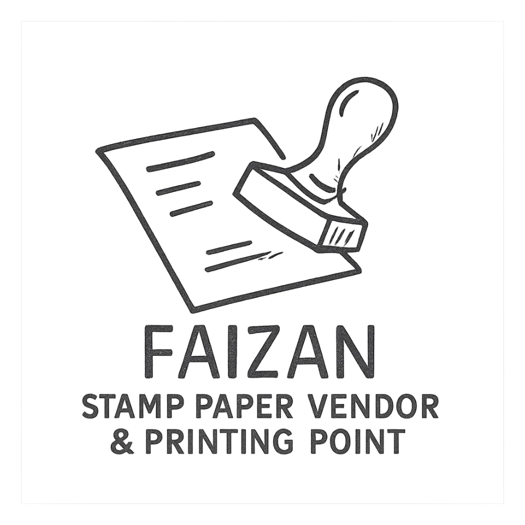 logo for 'Faizan Stamp Paper Vendor & Printing Point', classic rubber stamp and paper illustration, red and black colors, traditional and trustworthy look, clear business name sticker