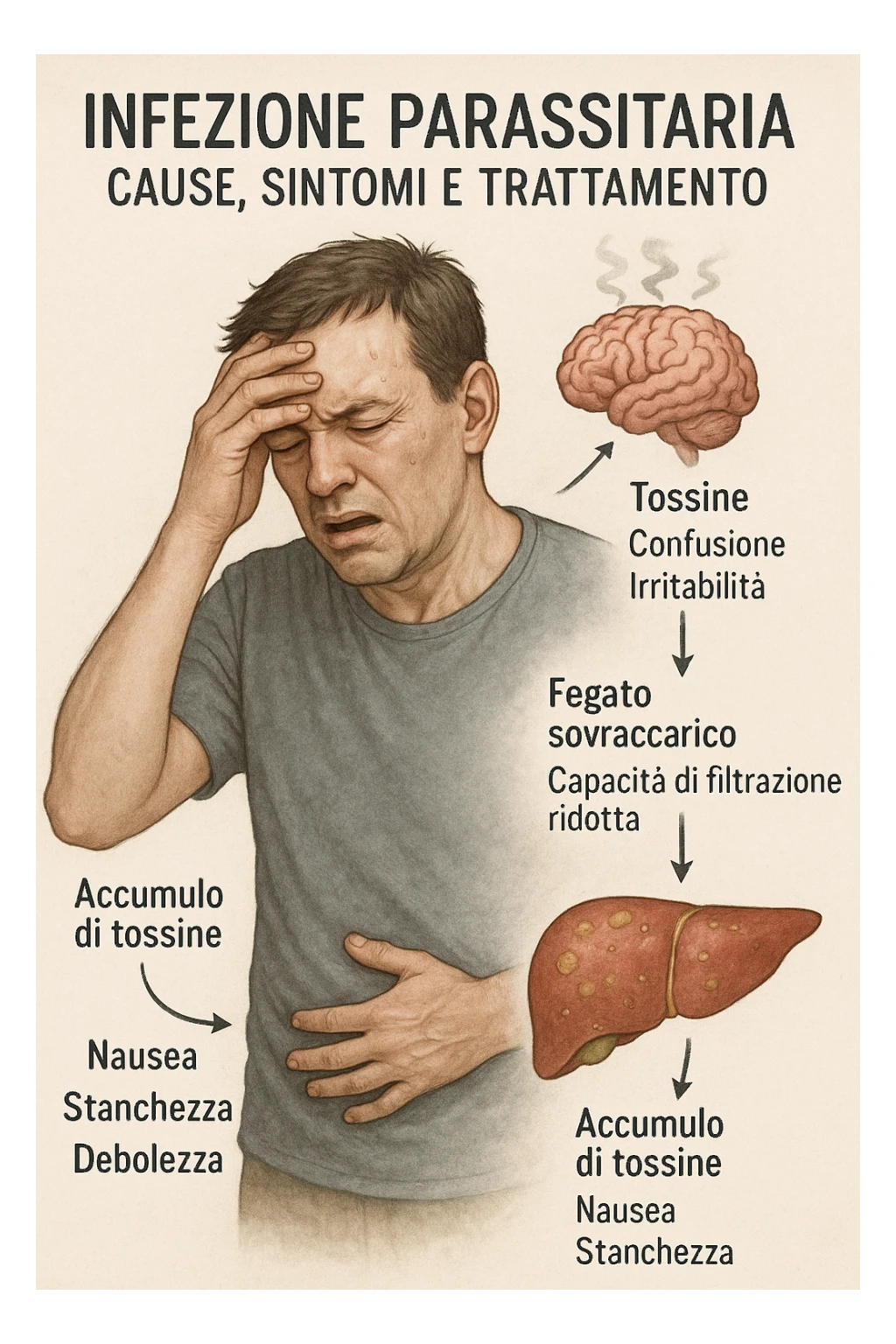 "Man feeling increasingly unwell as his liver fails to filter toxins, nausea, tiredness, and weakness overwhelming him as toxins infiltrate his brain causing confusion and irritability Parasitic Infection: Causes, Symptoms & Treatment, expression of mental fog and physical exhaustion, liver shown as overworked organ with reduced filtration capacity, toxic buildup affecting entire body systems" in italiano sticker