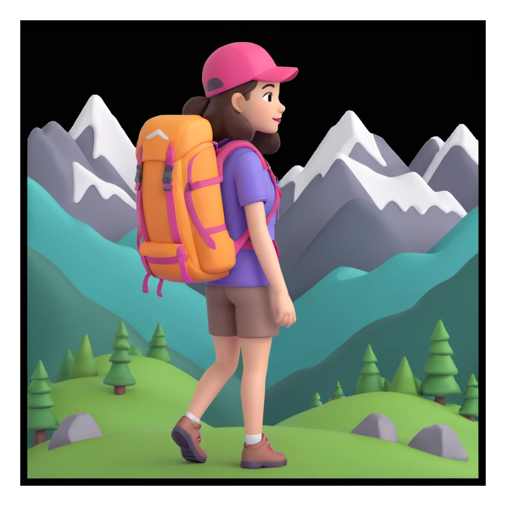 portrait of girl back packing mountains in background, close up pose sticker