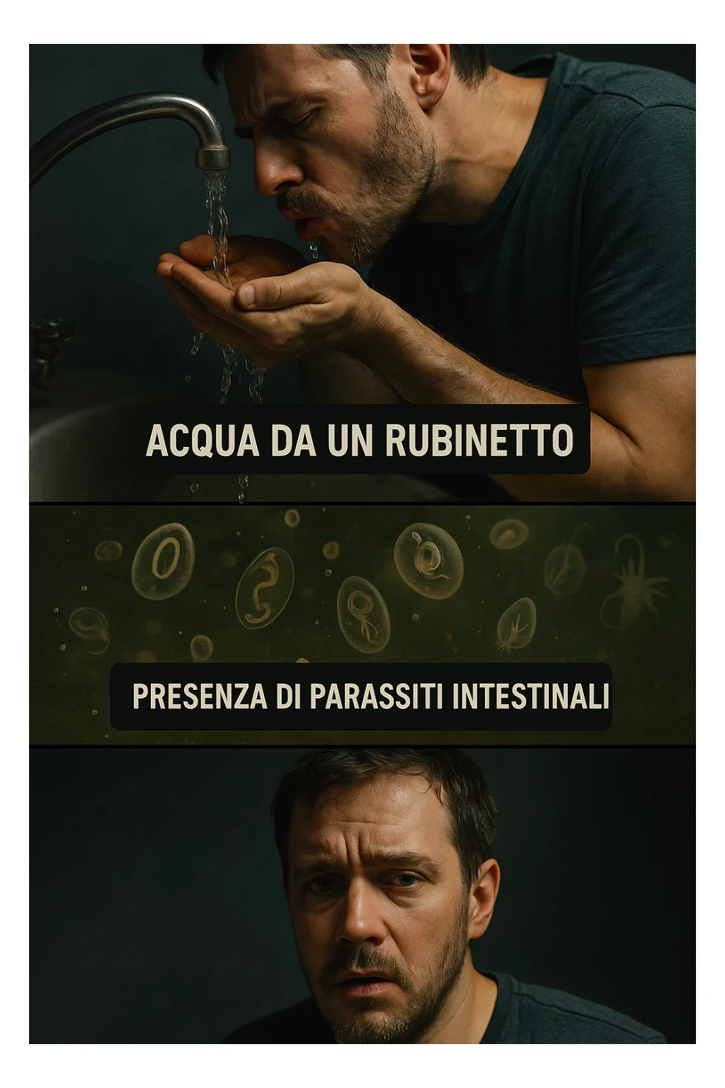 vertical realistic cinematic image of a man drinking water from a faucet, transition showing presence of intestinal parasites in the water and early symptoms of illness, clinical dramatic lighting, Italian captions, aspect ratio 2:3 sticker