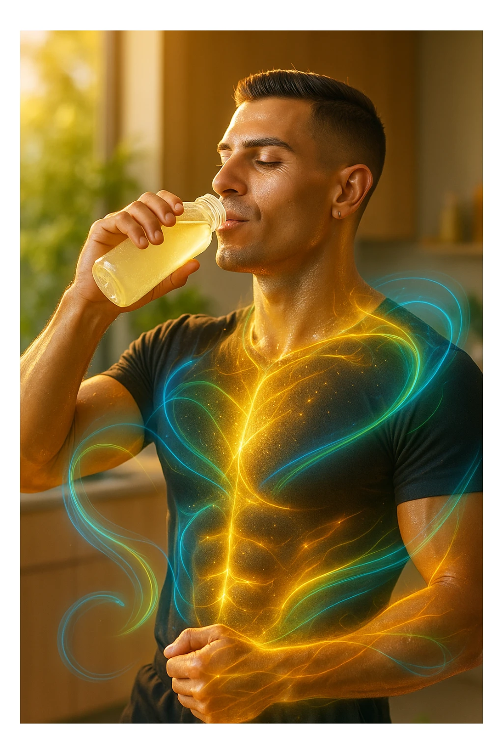 Athletic man around 30 years old, early morning, drinking a transparent electrolyte-rich beverage from a bottle. Body illuminated by natural golden light, with a light energetic aura around muscles symbolizing regeneration and recovery. Relaxed and vital expression, hydrated and glowing skin. Around him, light and colorful flows (blue, green, orange) represent electrolyte balance: sodium, potassium, magnesium. Natural environment or modern minimalist kitchen. Positive, clean, and invigorating atmosphere. Vertical 9:16 format. Inspired by the face in the reference photo. sticker