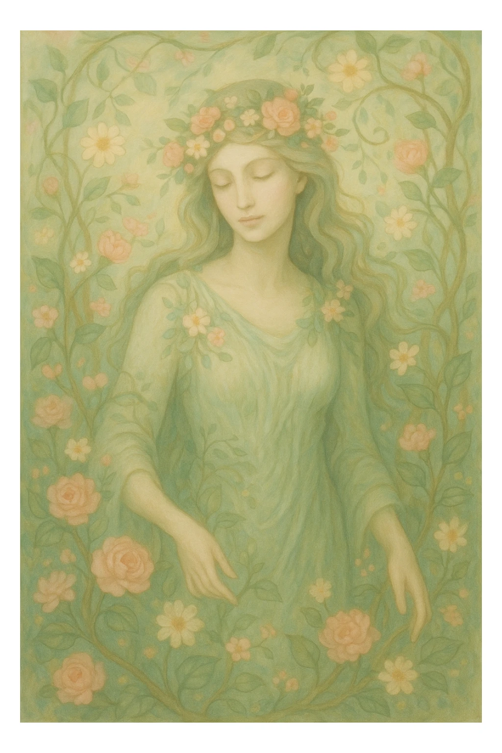 goddess, serene, nature-inspired, surrounded by flowers and vines, soft colors sticker