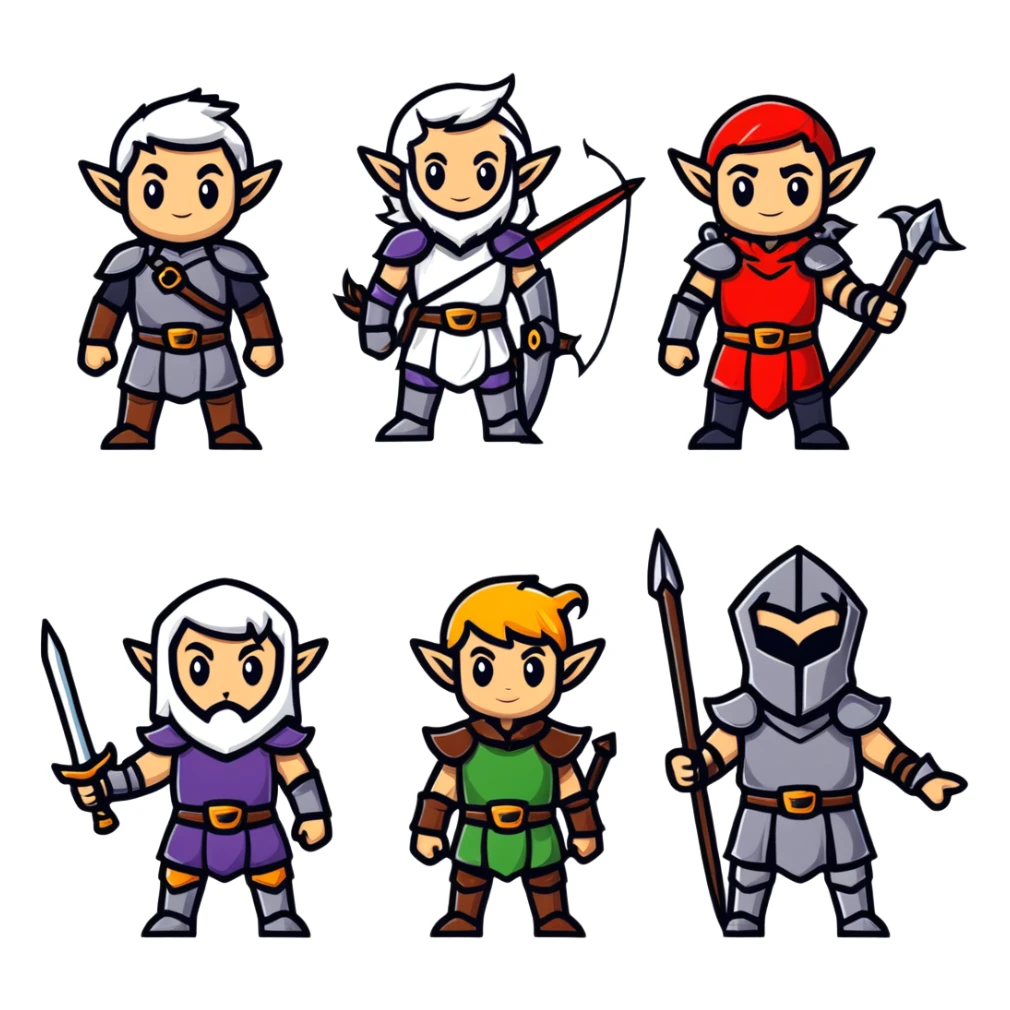 Lineage 2 character group with Human knight, Elf archer, Dwarf fighter, and Dark Elf mage sticker