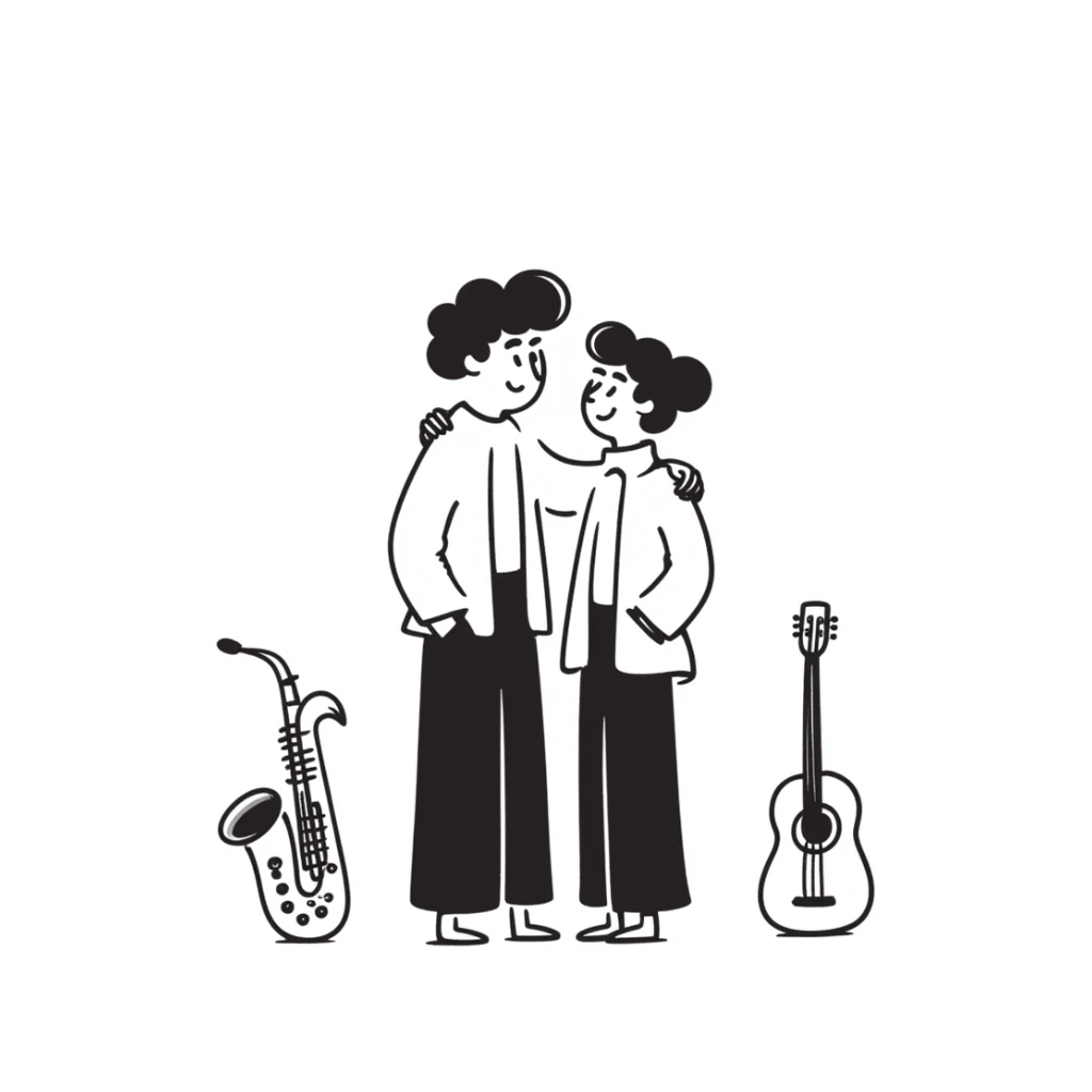 Two musicians standing side by side, both facing forward, with one's arm over the other's shoulder in a friendly side hug, both smiling, musical instruments nearby, fraternal camaraderie sticker