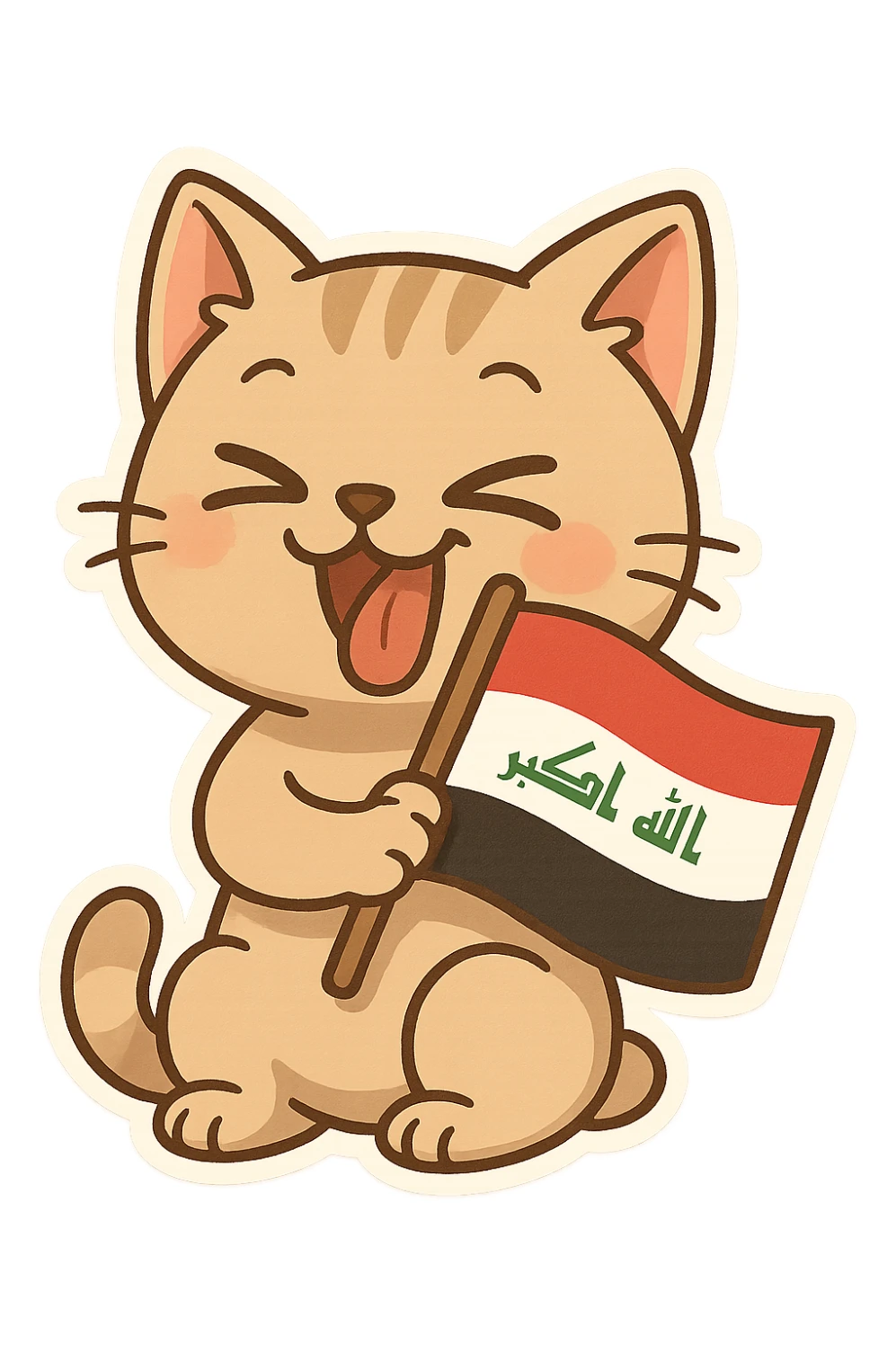 cat making a goofy face while holding the Iraq flag, cartoon style sticker