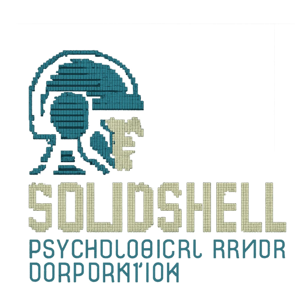 a digital retro low resolution logo for the psychological armor corporation "SolidShell" Interpretive, microscanner digital output image sticker