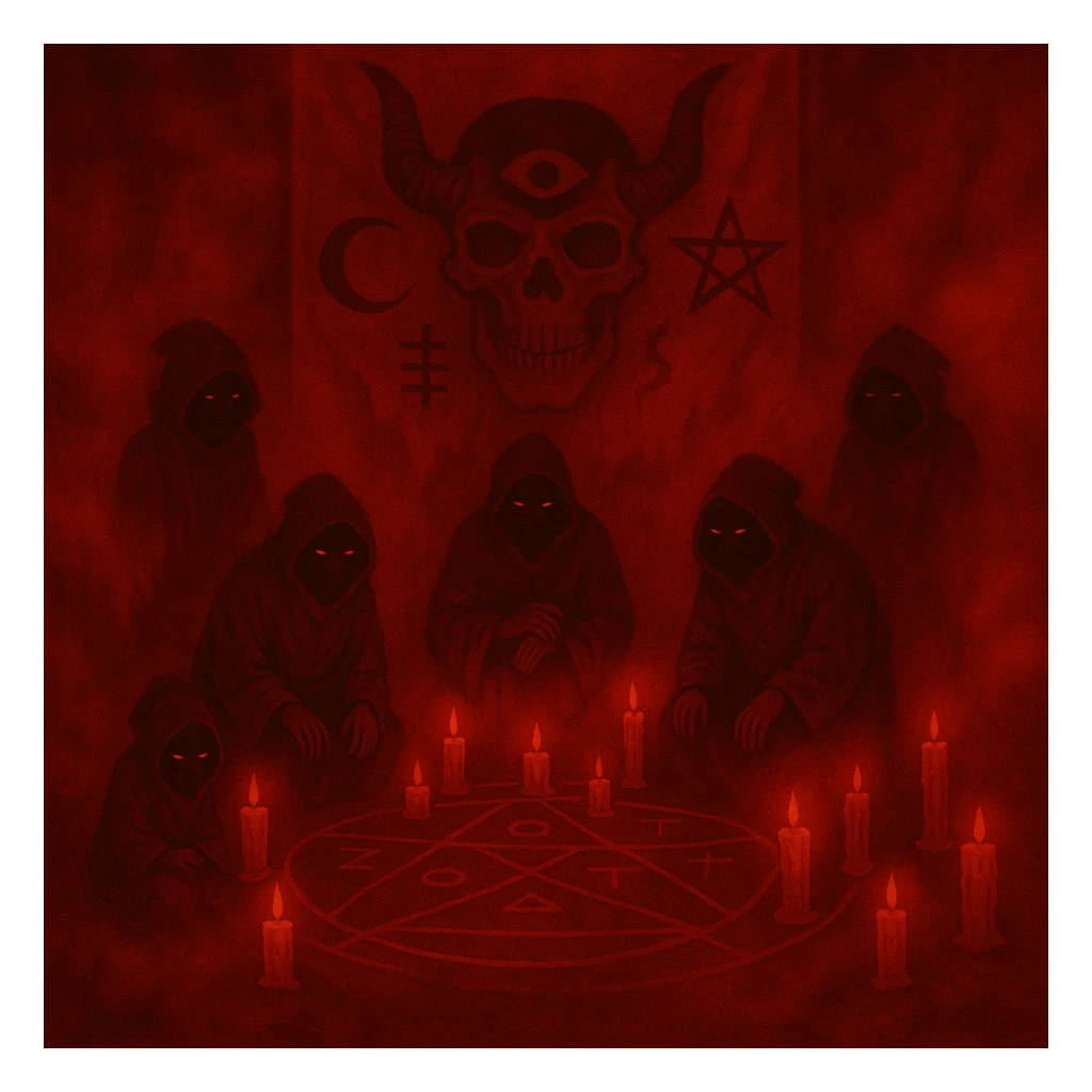 Change the color scheme to red and black with intense red fog and mist, creating an overall red horror palette. Keep all other details unchanged. sticker