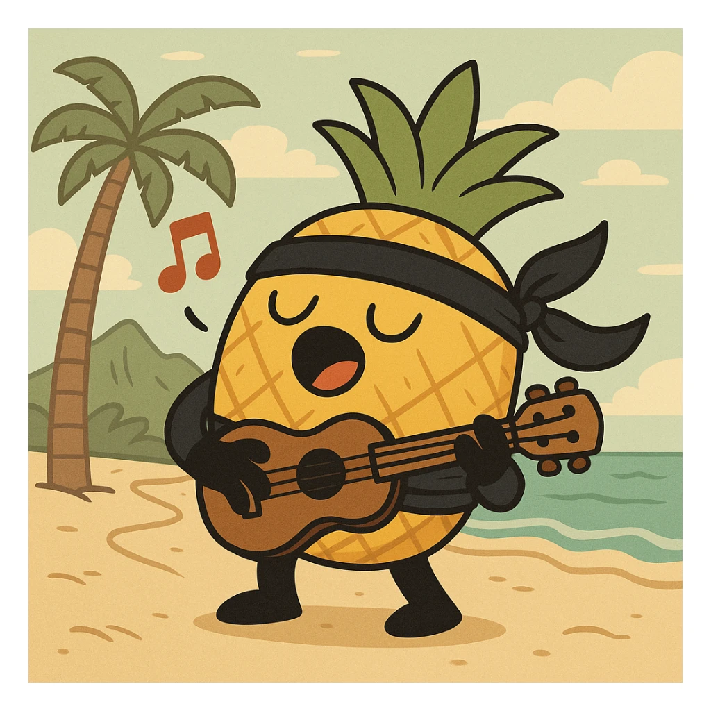 a pineapple singing in Hawaii, wearing a ninja costume, cartoon style sticker
