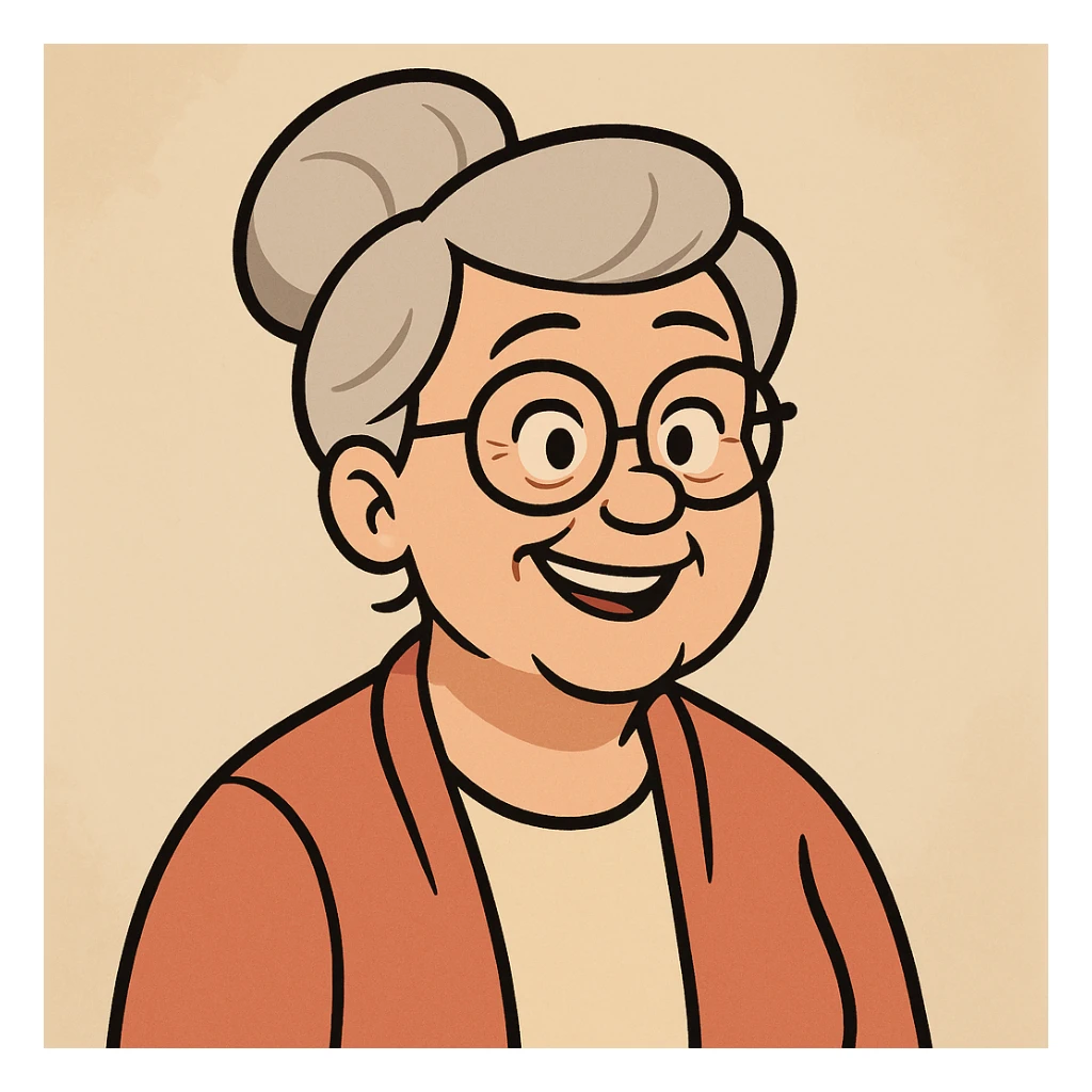 older woman with glasses, smiling, flat toon style, simple background sticker