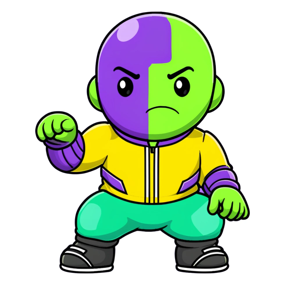 purple-skinned Thanos wearing a green Squid Game player tracksuit with number 230 sticker