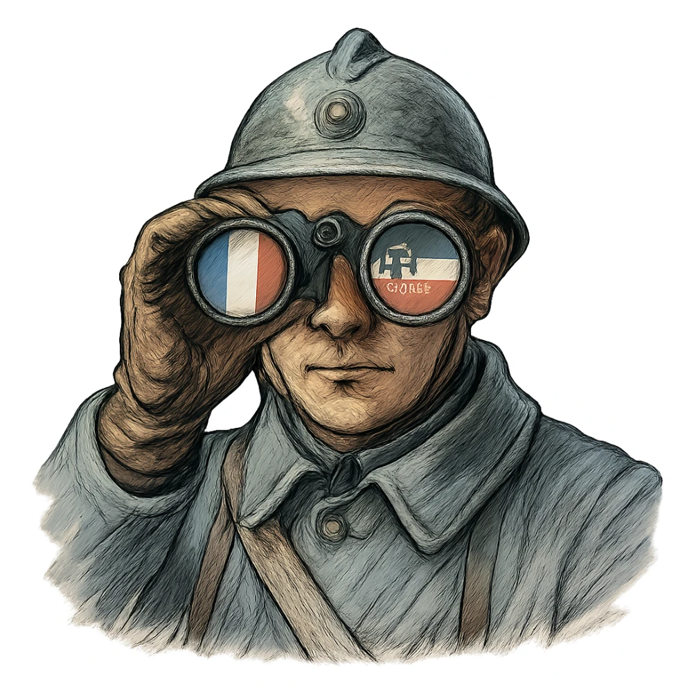 Военный времен Первой мировой смотрит прямо на зрителя в бинокль в одной линзе отражается французский флаг, в другой флаг Германской империи, слегка рисованный, но при этом объемный стиль, прозрачный фон sticker