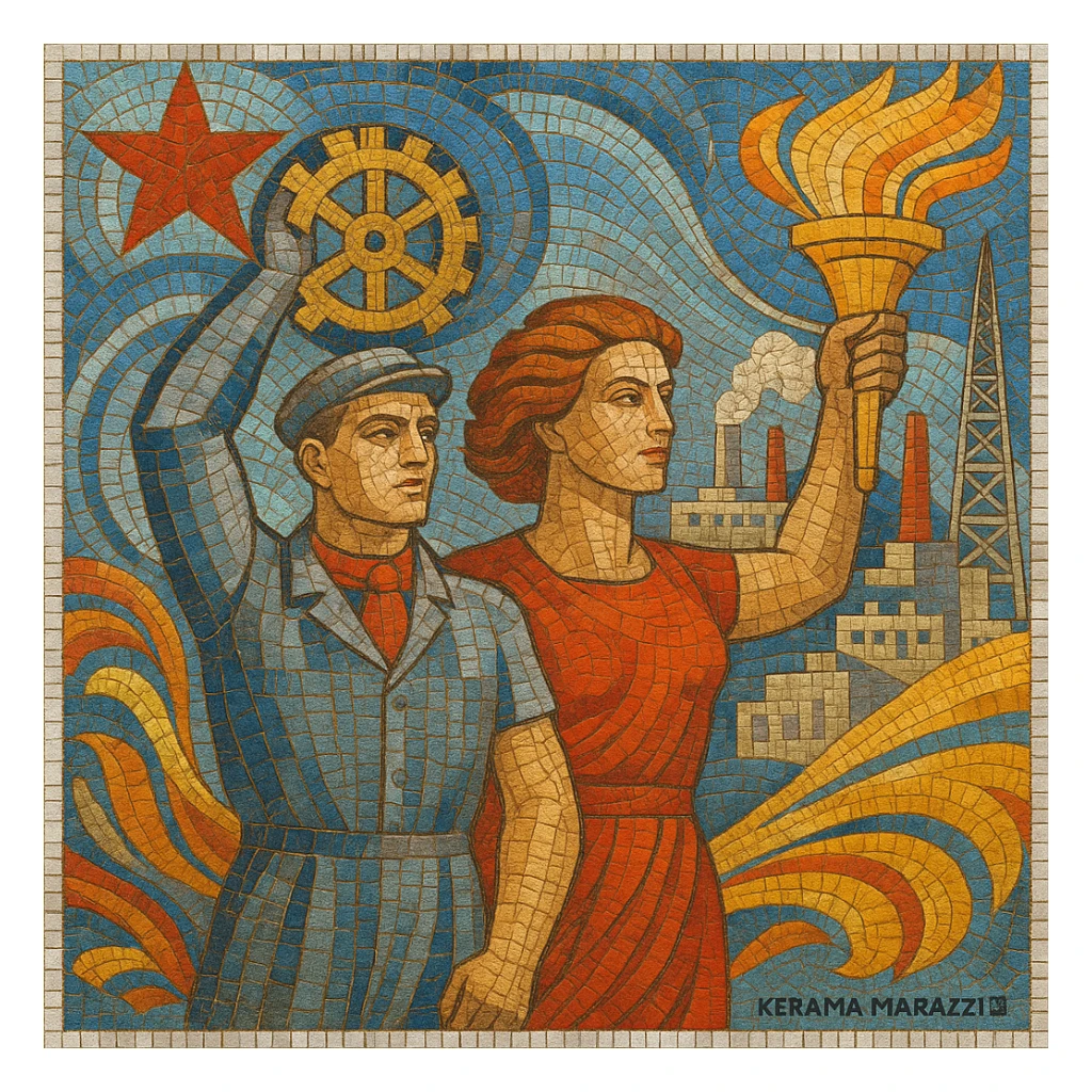 Soviet mosaic artwork reimagined as a modern Kerama Marazzi tile, detailed and colorful sticker