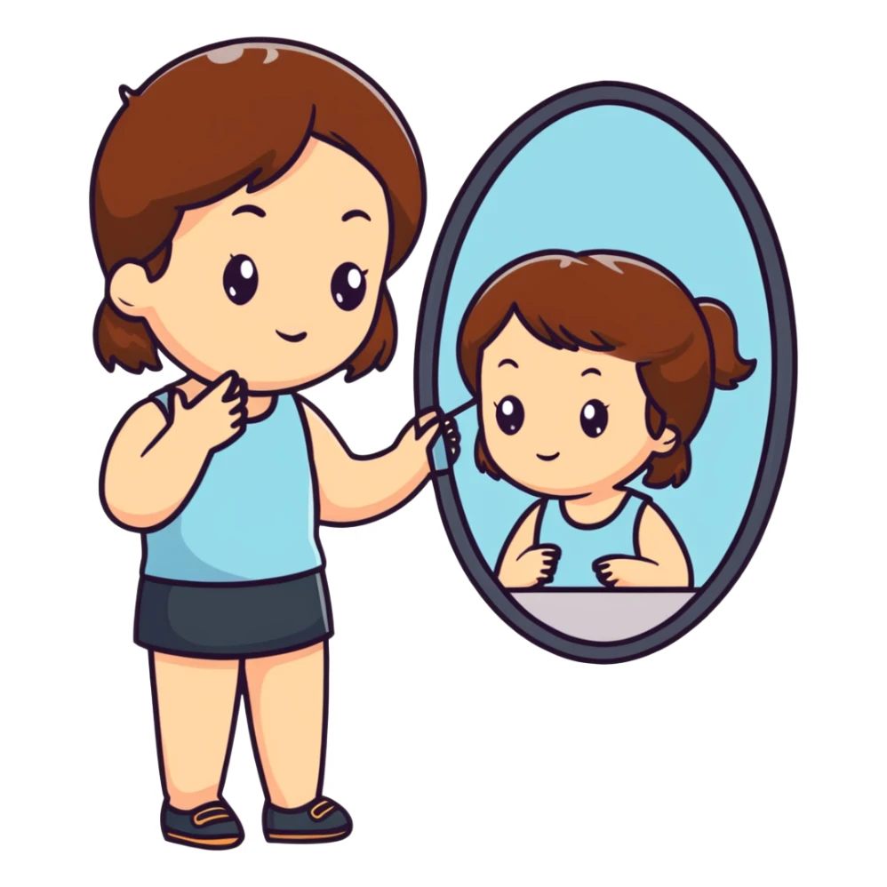 White girl with brown hair checking herself in a wall mirror sticker