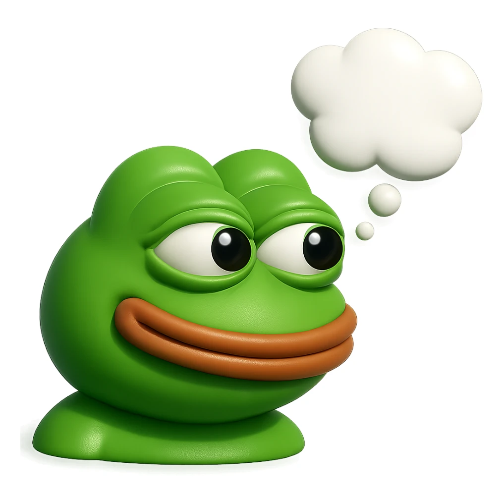 make a pepe in bright green smiling with thought bubble looking at right side in 3d style, good highlights and shadows, drop shadows sticker