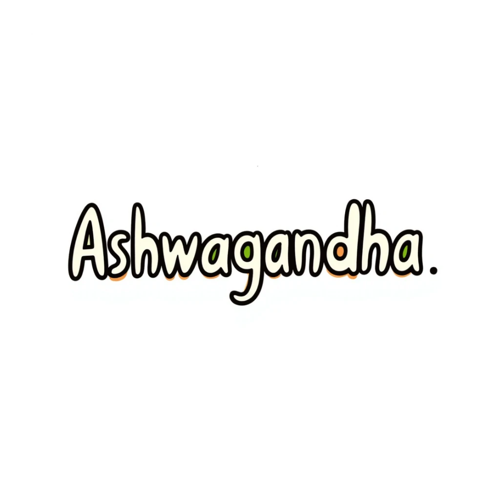The word "Ashwagandha" hand-drawn in white/cream colored text with just a few green and orange accents. Simple doodle style. sticker