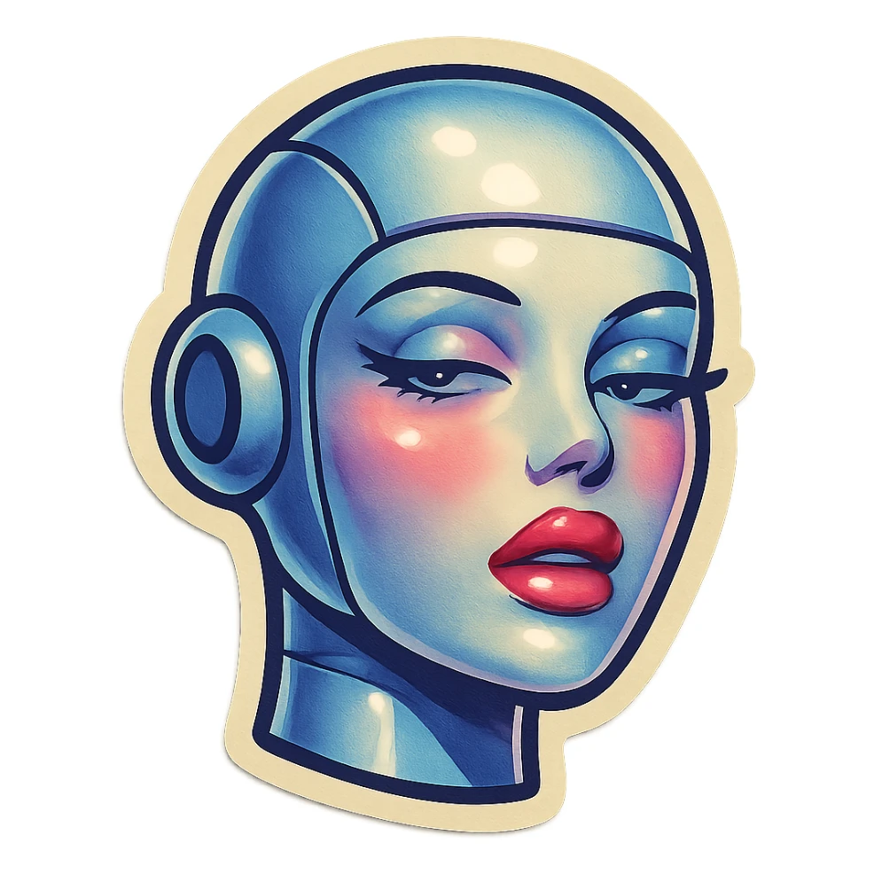 sexy female bot, Telegram sticker style, very pale skin, expressive lips, languid gaze, light blush, head only without neck, white background sticker