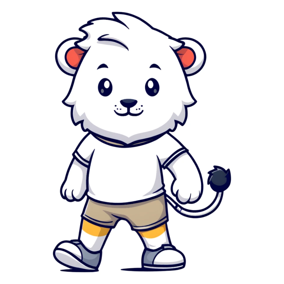 retro 1930s anthropomorphised lion in a t-shirt and shorts walking, grayscale sticker
