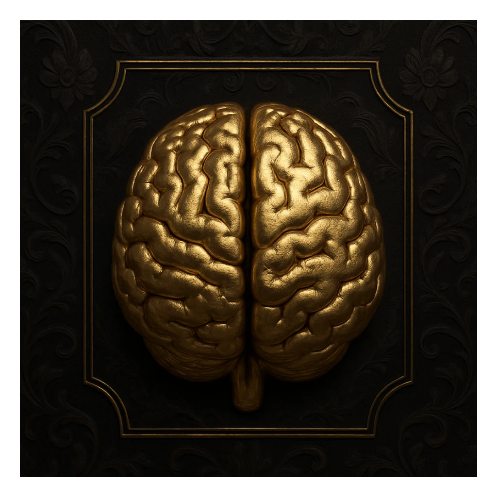 ultrarealistic 3d metallic gold brain symbol, with a dark black background featuring intricate Victorian silk patterns and gothic floral elements, classic and arcane. The brain is the focus, inside a thin, stylized frame that contours the brain, spotlighting the center. High definition, mysterious, and elegant. sticker