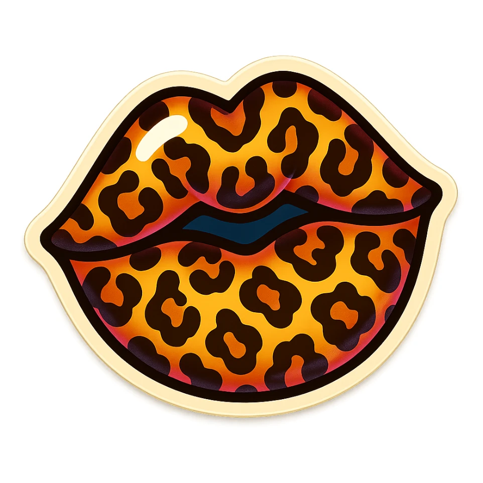 Make a stylized emoji of a lip print with a leopard print pattern, bright and cute, with smooth lines and expressive spots, no background. sticker