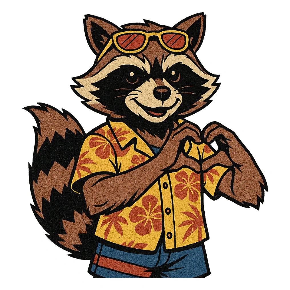 Rocket Raccoon Marvel Rivals summer skin, comic book style, showing heart gesture, no background, based on provided reference sticker