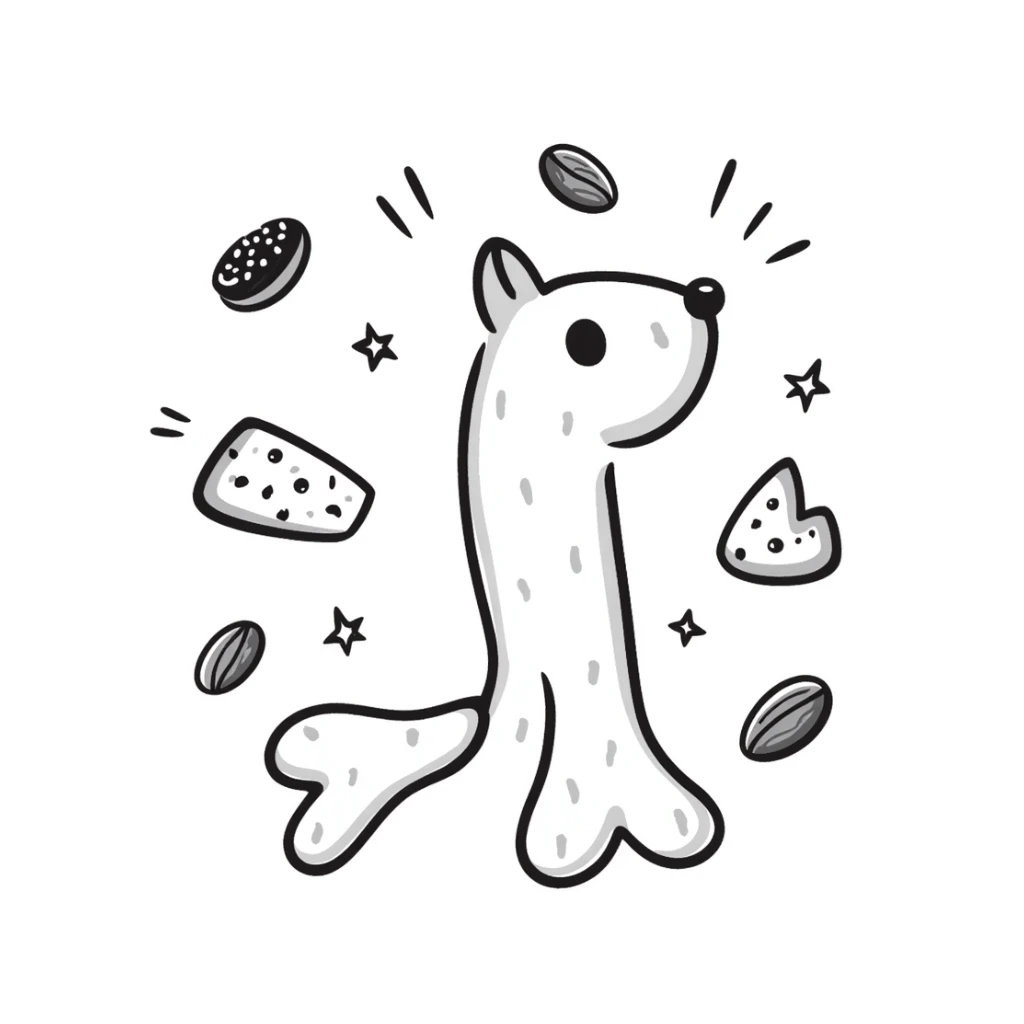 A magical glowing white bone surrounded by floating shredded cheese, yogurt, sesame seeds and almonds, with light beams connecting them, beside a normal bone for comparison sticker