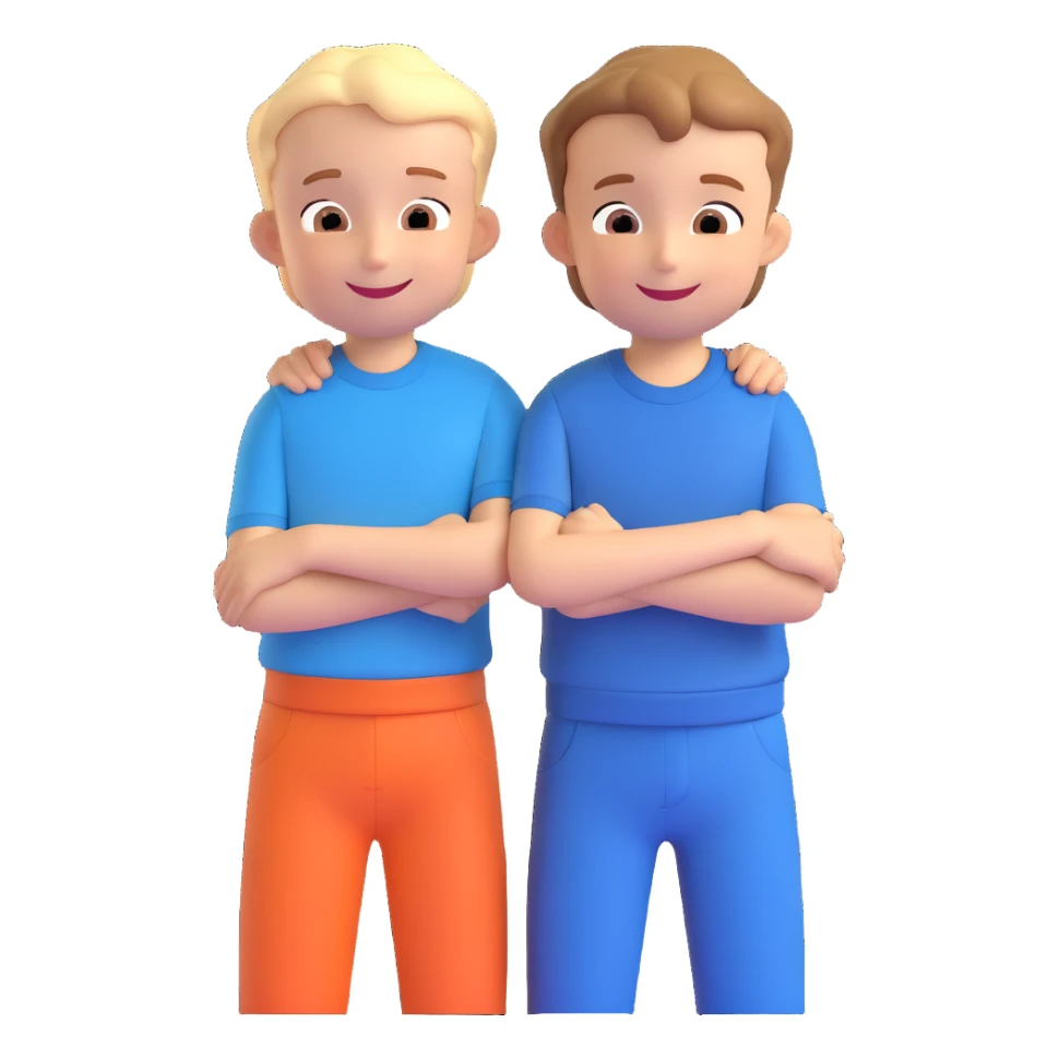 Two cartoon-style boys with similar features, arms around each other's shoulders, smiling, matching outfits, standing close, white background, emoji style sticker