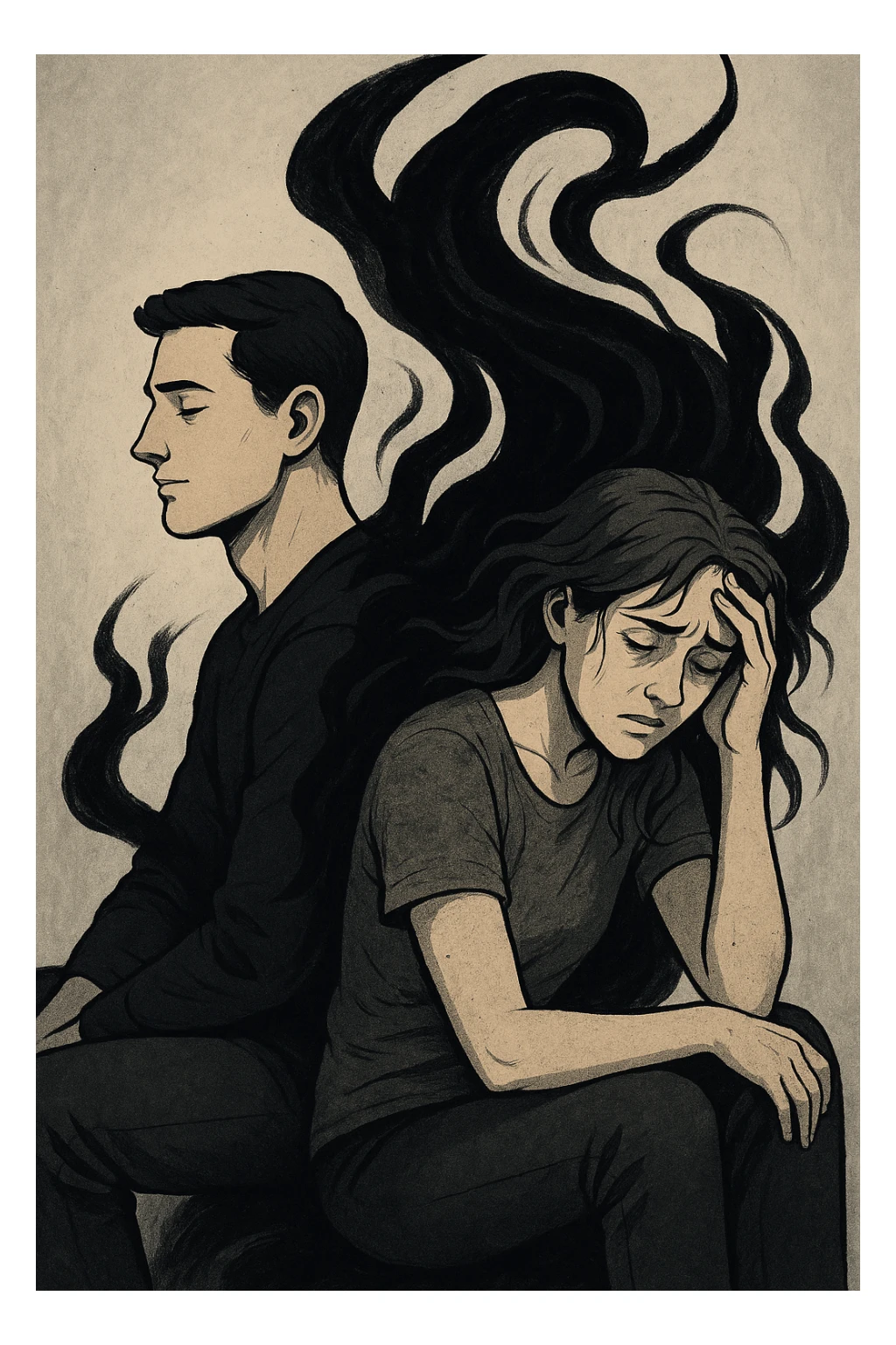 Vertical format: A man and a woman sitting back to back, a dark energy flow starting from the man and wrapping around the woman, she has an exhausted expression. sticker