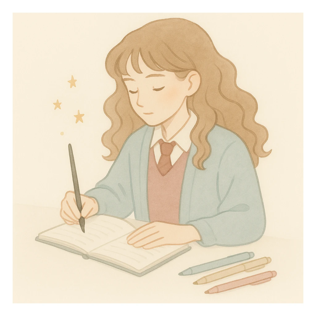 Add some pens on the table. Maintain the soft watercolor illustration style with pastel colors, delicate linework, a gentle, whimsical mood, anime-inspired features, and minimal, soft shading. sticker