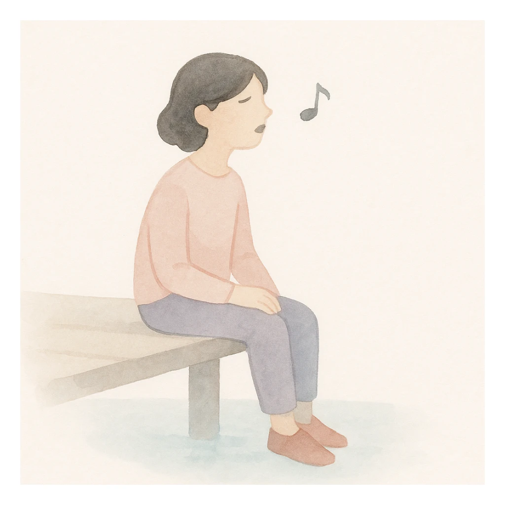 person sitting on a dock singing a song, watercolor art style sticker