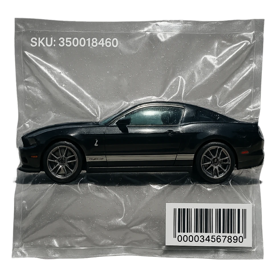 black Shelby Mustang GT 500, viewed from the side, vacuum-sealed in clear plastic sticker