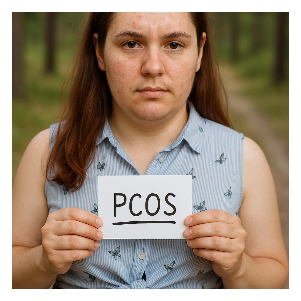 Realistic woman with PCOS inspired by the reference photo, mild acne on face, facial hair on chin, slightly thinning hair, similar clothing, natural environment, hyperrealistic 4K details. sticker