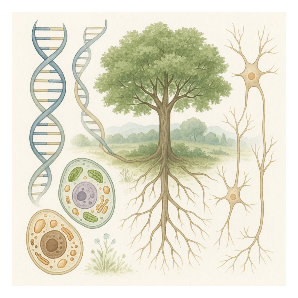 A realistic biological illustration (like in a school book) showing: DNA strands transitioning into a tree, cells with visible organelles, neurons connected to plant roots  and a balanced ecosystem background . Seamless integration, no labels or borders. Scientific color scheme, detailed but minimalist. please white background sticker