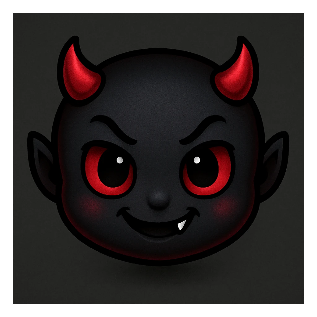 devil emoji in chibi style with gothic palette black and red, small horns, mischievous grin sticker