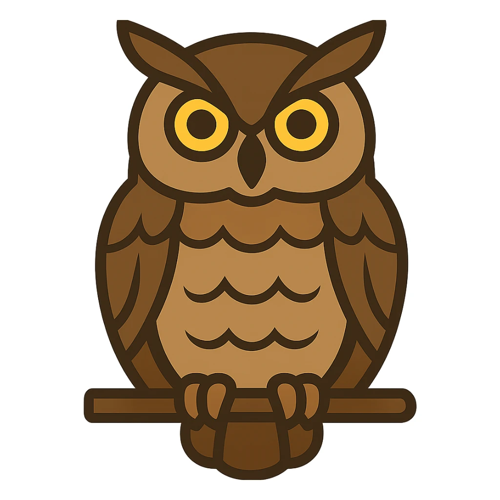 Create a vector color illustration of this owl with simple clear contours, flat color fills without smooth transitions or gradients, only flat shadows and highlights for volume. Use natural brown and beige shades with expressive yellow eyes. Style is vector graphics, not realism. sticker
