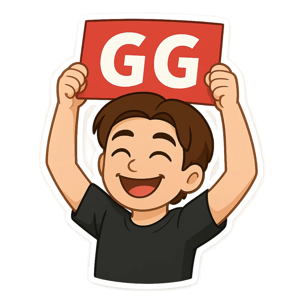 The drawn figure from the first image, in the same style and with the same face, holding a sign with the text 'GG' exactly as shown in the third image: held by two hands raised above the head, smiling. sticker